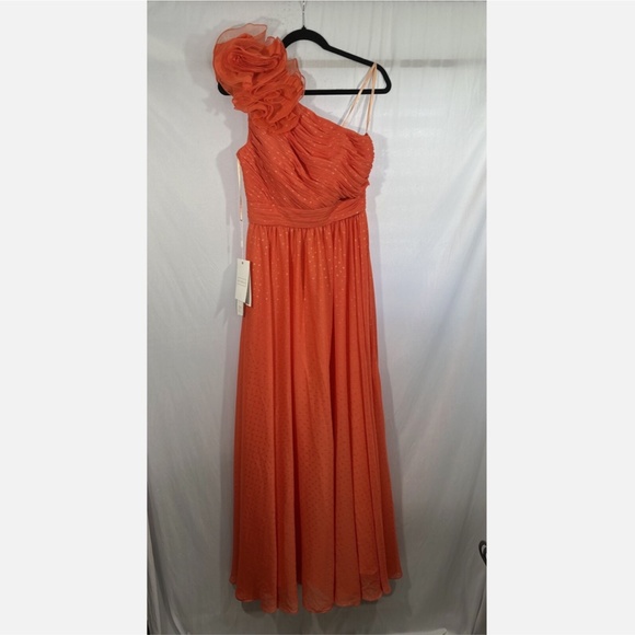 NWT MAC DUGGAL [ 6 ] Chiffon Polka Dot Ruffled One Shoulder Gown Tangerine Orang - Picture 8 of 13